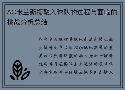 AC米兰新援融入球队的过程与面临的挑战分析总结